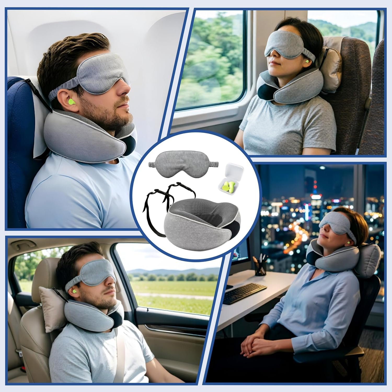 Travel Pillow for Long Flight Airplanes, Adjustable Memory Foam Neck Support Headrest w Head Strap & Eye Mask for Sleep, 360°Support Prevent Head Bobbing, w Earplug Pocket&Earplugs, Carry Bag - Image 6