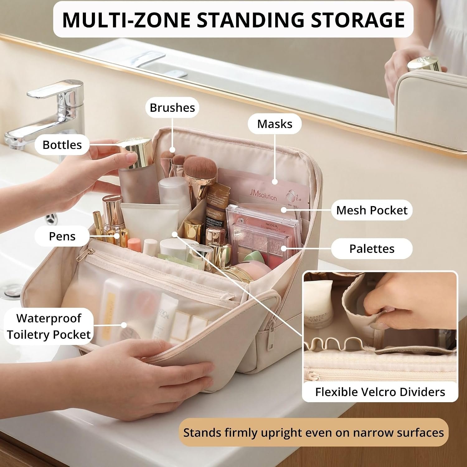 tianzong Travel Makeup Bag with Magnetic Fold-Down Flap, Waterproof Leather Cosmetic and Toiletry Organizer for Women, Multi-Zone Standing Storage, Cream, Large - Image 4
