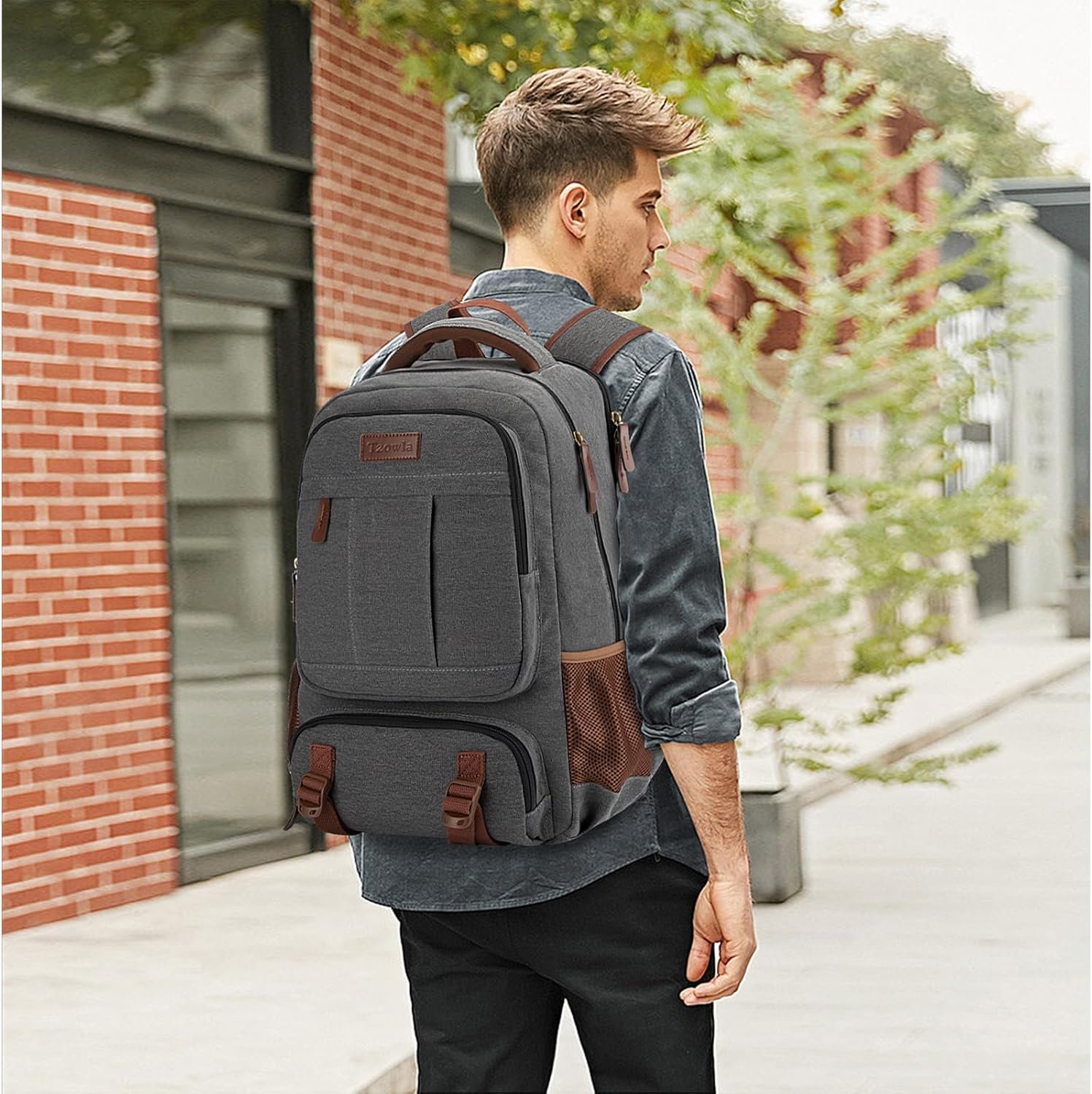 Tzowla Canvas Laptop Backpack, Bag for Men Women | Travel Work Rucksack Fits 15.6 Inch Laptop, Large Capacity Bookbag(Dark Grey) - Image 6