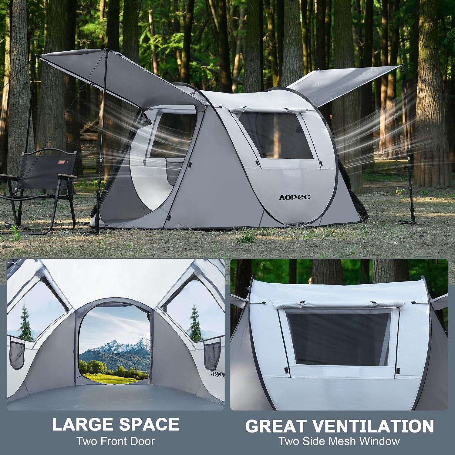 Pop Up Camping Tent, 2/4/6 Person Instant Tent Waterproof PU4500mm, Spacious Ventilated Camping Tent with Front Porch, Quick Setup Lightweight Portable for Outdoor Camping Hiking Beach - Image 5
