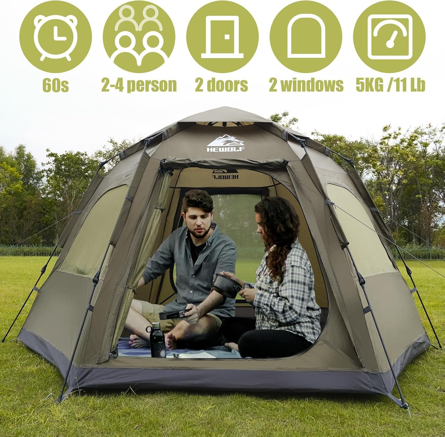 Hewolf 2/3/4 Person Camping Tent - Instant Pop Up Waterproof 2 Doors Tent with Easy Setup | 3-Season Hexagonal Dome Design for Family, Hiking & Traveling - Image 6