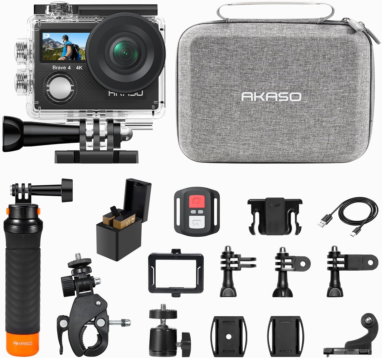 AKASO Brave 4 Action Camera with Floating Hand Grip and Carrying Bag Bundle | 20MP EIS WiFi 170° FOV 5X Zoom Waterproof Underwater Camera for Snorkel, Travel, Bicycle, Helmet, Motorcycle Accessories Kit