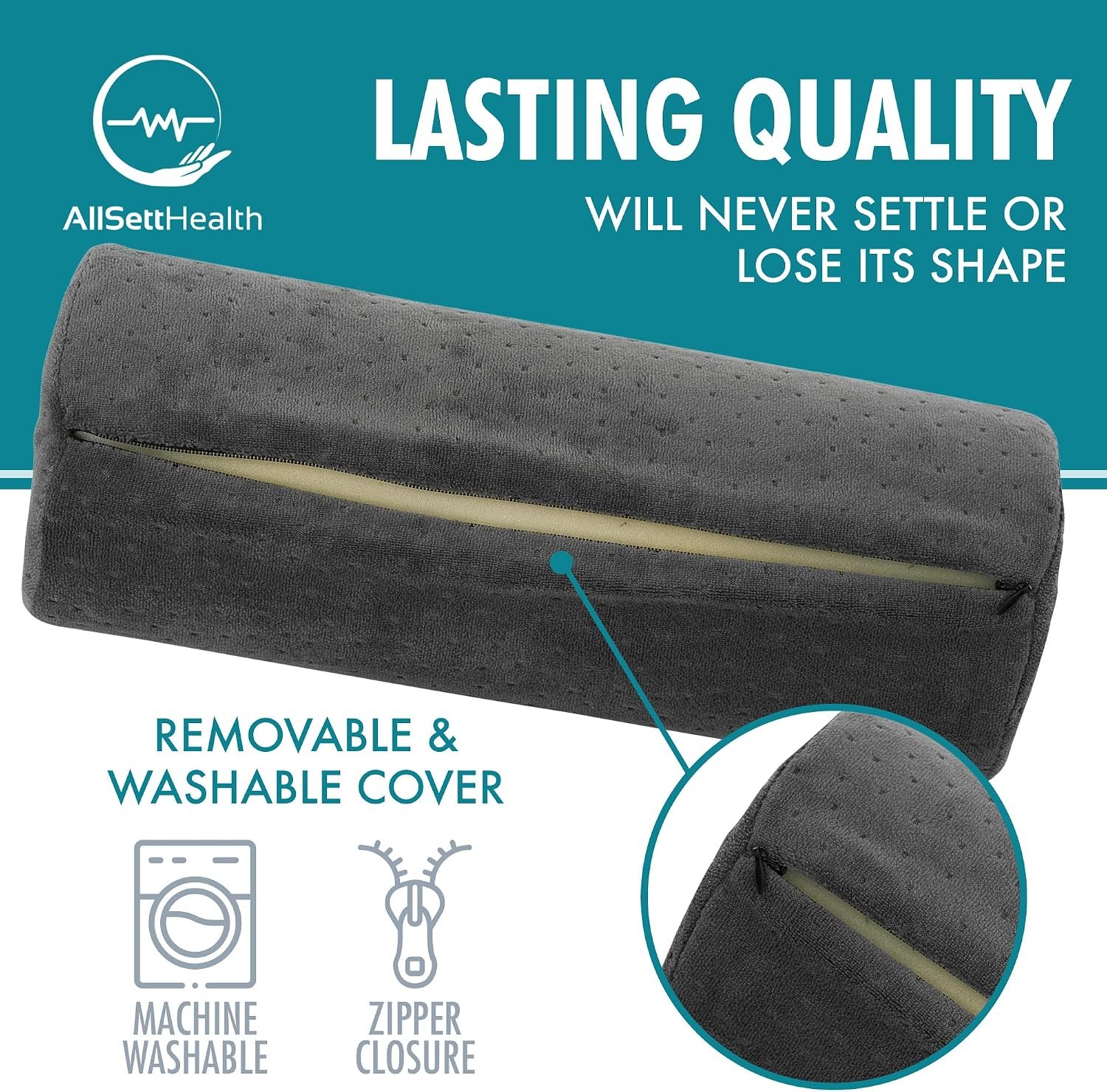AllSett Health Round Cervical Roll Cylinder Bolster Pillow with Removable Washable Cover, Ergonomically Designed for Head, Neck, Back, and Legs, Grey | 13"X 5" - Image 3