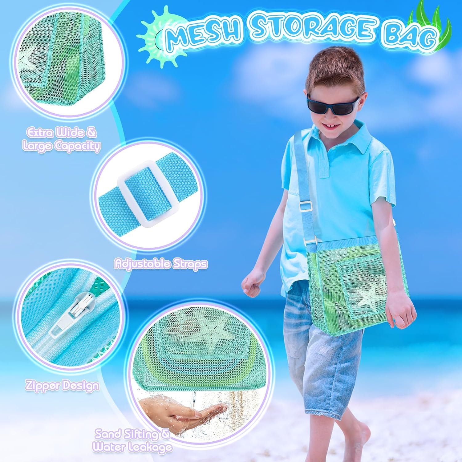 FHOZGECY 2 Pack Beachcombing Kit with Sifters for Beach Vacation Essentials | Collapsible Buckets, Stainless Mesh Sifters, Scoops and Mesh Bags for Shelling, Outdoor Exploration Play for Kids Ages 3-12 - Image 5