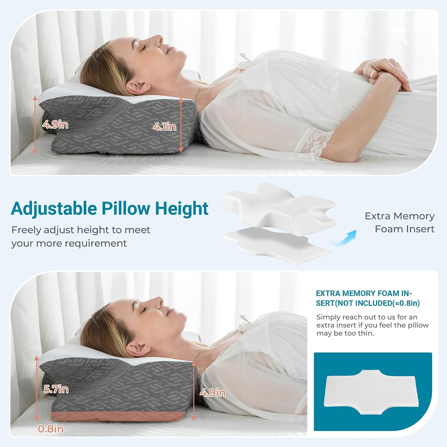 Elviros Cervical Neck Memory Foam Pillow with Removable Cooling Pillowcase | Ergonomic Orthopedic Bed Pillows for Neck Pain Relief, Neck and Shoulder Support, Suitable for Side Back Stomach Sleepers - Image 4