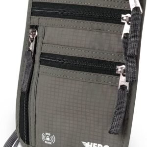 HERO Neck Wallet - RFID Blocking Passport Holder, Easy to Conceal Travel Pouch (Army Grey)