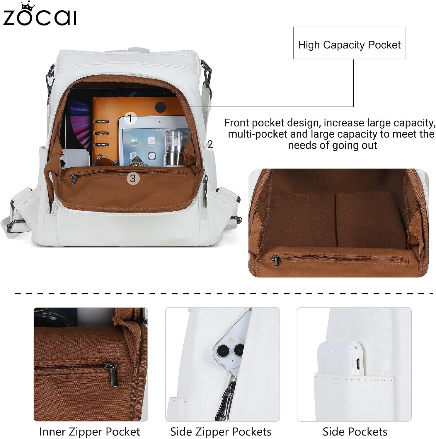 ZOCAI Backpack Purse for Women Medium Anti-Theft Backpacks Purses Design Leather Shoulder Bags with Removable Strap - Image 4