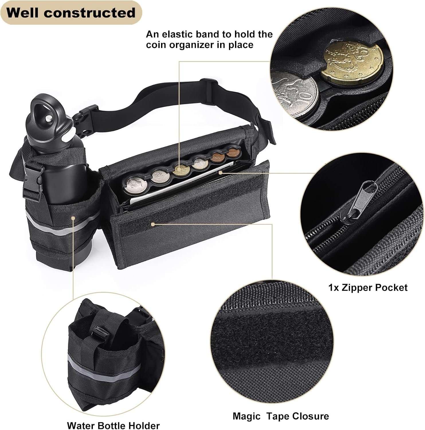 BSTKEY US Coin Holder Coin Dispenser with Water Bottle Holder, Fanny Pack with Banknote Waiters Purse Coin Sorter Coin Organizer, Black Coin Storage Bag with Belt for Waitress Serve Hiking Walking - Image 5