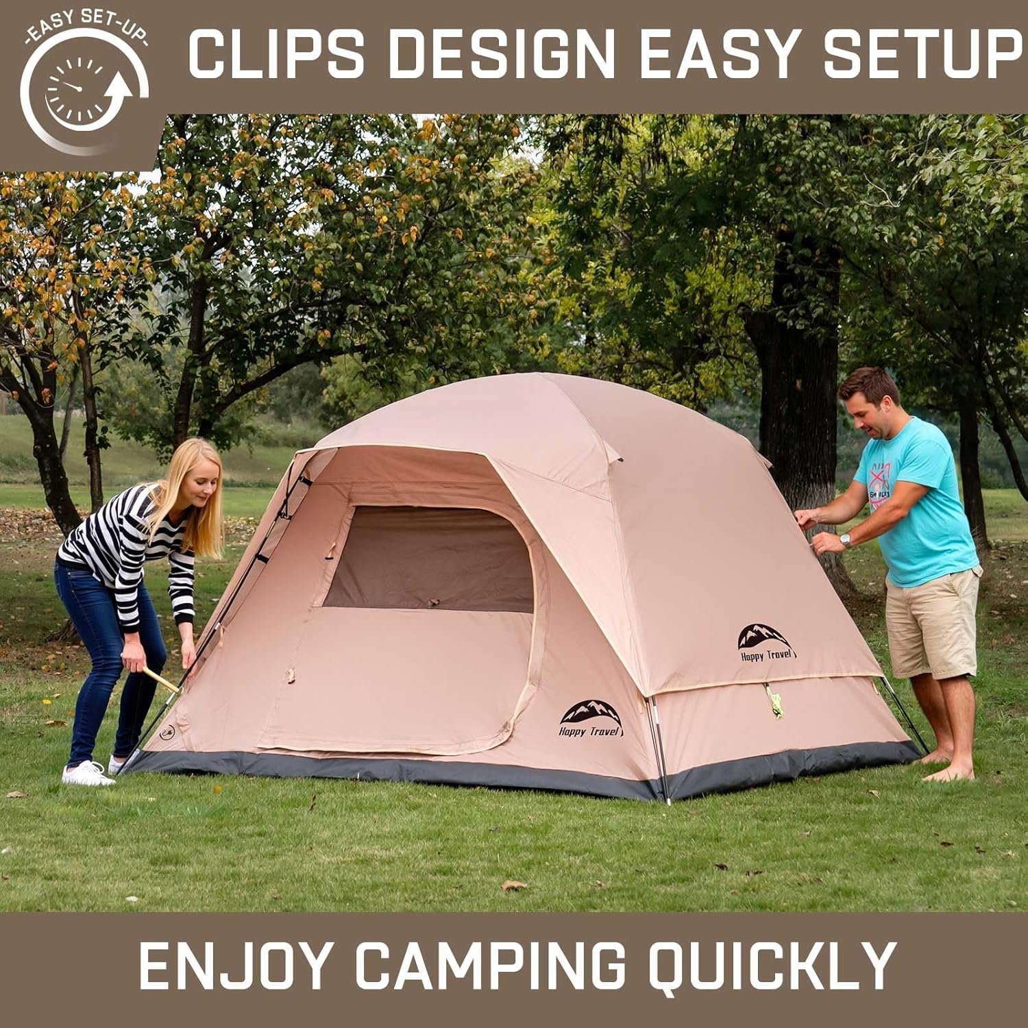 Happy Travel Camping Tent, 4 Person Dome Tents for Camping with Rainfly | Waterproof Clip Easy Setup Portable Family Tent with Mesh Windows, 20% More Headroom Backpacking Tents for Camping & Hiking - Image 5