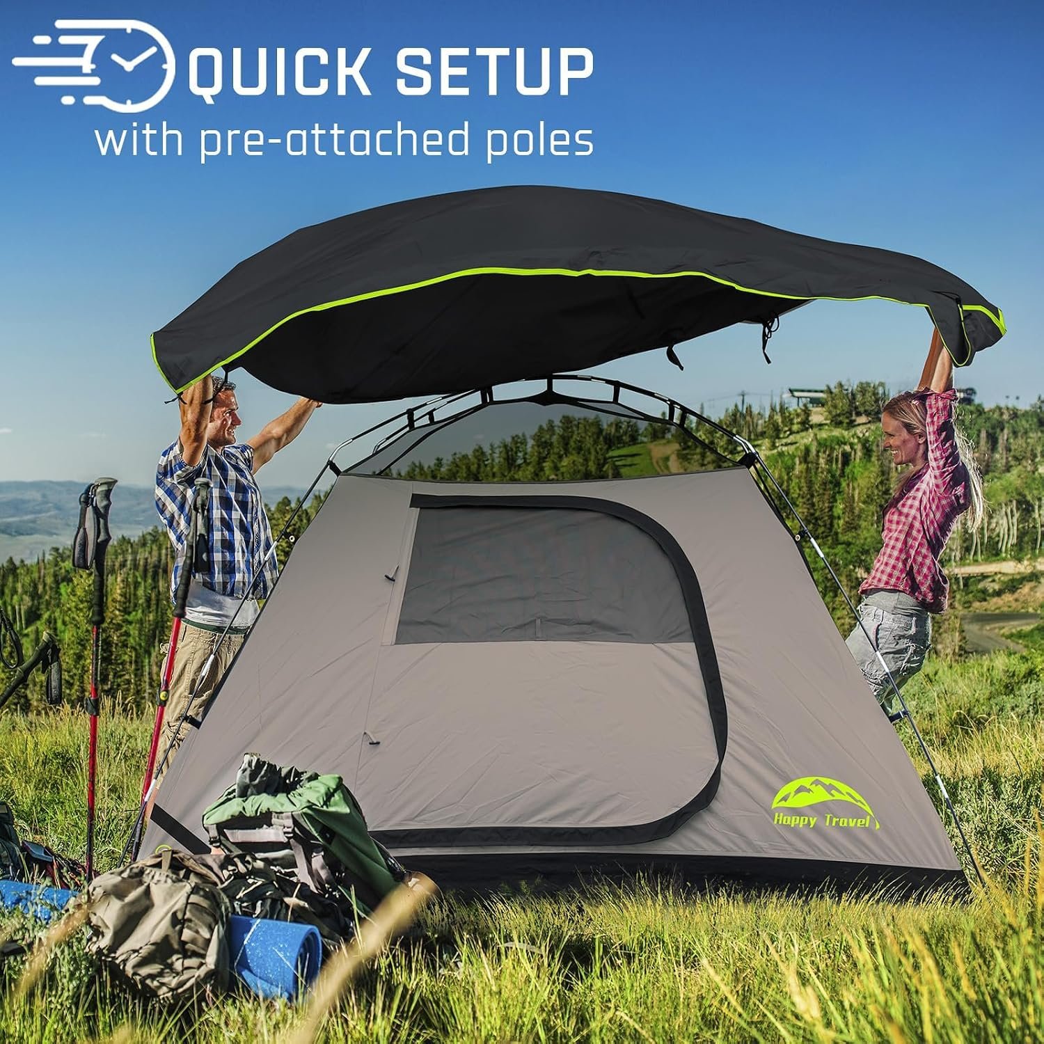 Happy Travel Camping Tent, 4/6 Person Dome Tents for Camping with Rainfly | Waterproof Clip Easy Setup Portable Family Tent with Mesh Windows, 20% More Headroom Backpacking Tents for Camping & Hiking - Image 5