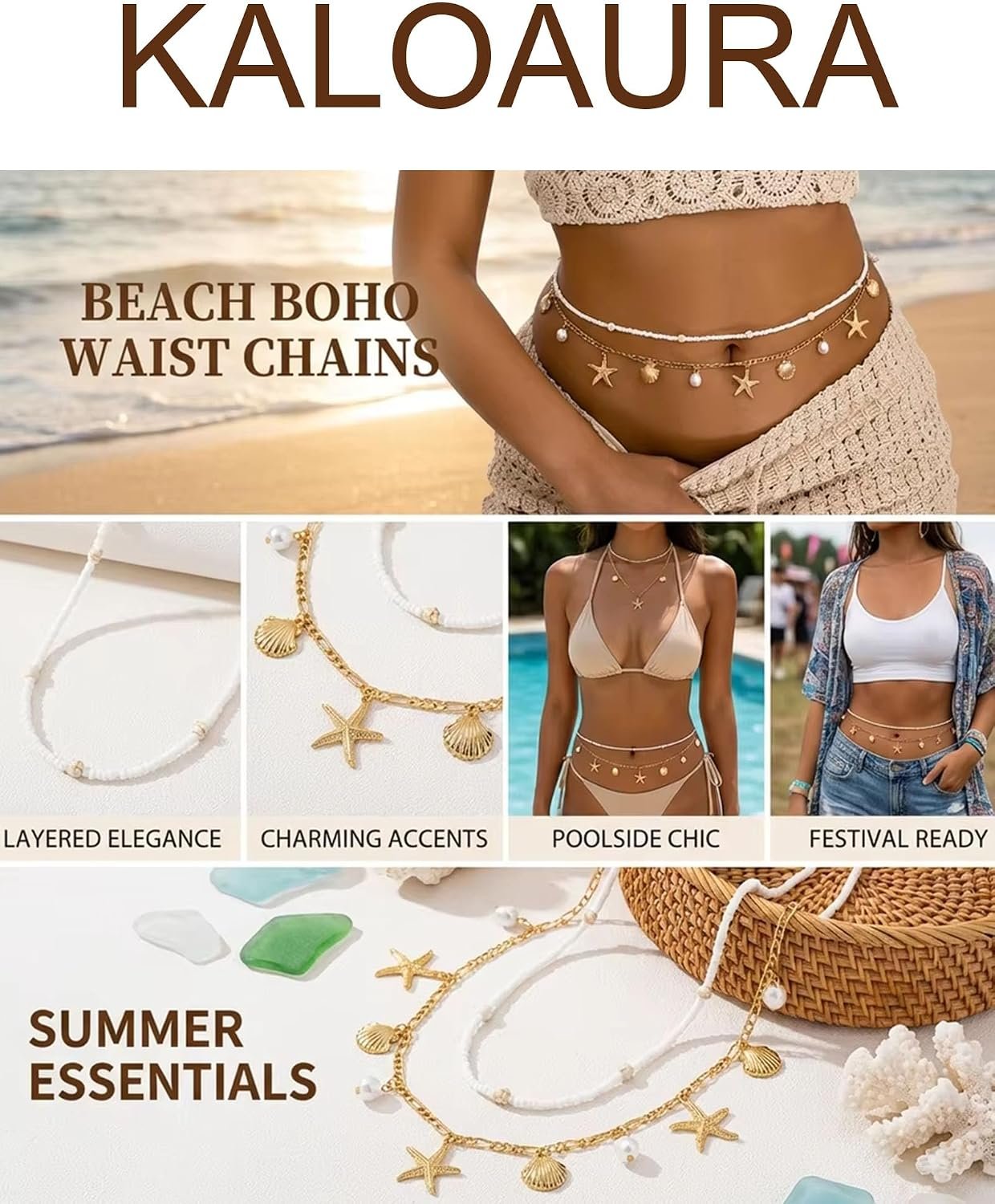 Gold Starfish Waist Chain for Women 2Pcs Adjustable Layered Belly Chain Bohemian Shell Beaded Bikini Body Chain for Beach, Summer Festival, Vacation & Boho Accessories - Image 5