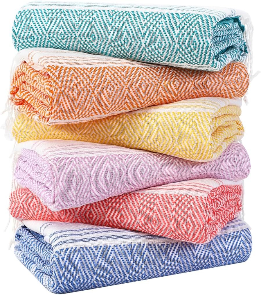 Genovega 6 Packs Oversized Turkish Beach Towels Set Towel Bulk 74"x38" Extra Large Quick Dry Sand Free Light Swim Bath Camping Pool Towel Travel Blanket Essentials Cruise Accessories Adult Vacation
