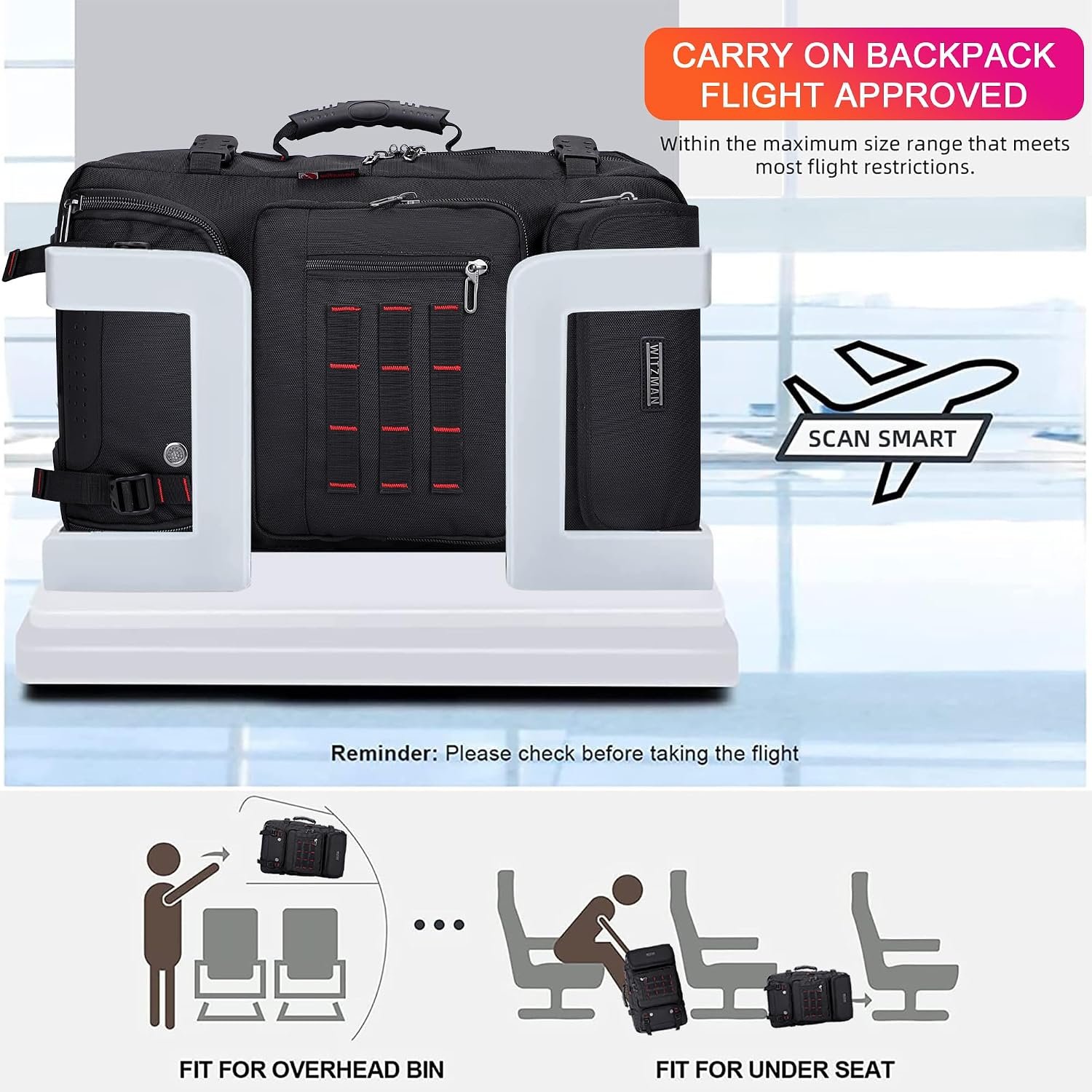 WITZMAN Carry on Travel Backpack for Men Airline Approved Fits 16" Laptop | Nylon 3 in 1 Luggage Duffle Bag with USB Charging Port, Shoe Compartment, For Weekend Getaway, Overnight Trip, B682 Black - Image 6