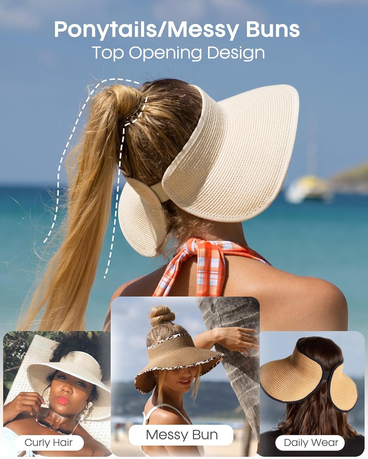 FURTALK Womens Sun Hat with Ponytail Hole Wide Brim Beach Straw Visor | Foldable & Packable for Beach Vacations, Adjustable Fit for Messy Buns, Detachable Windproof Strap, Sweat-Wicking Inner Band - Image 3