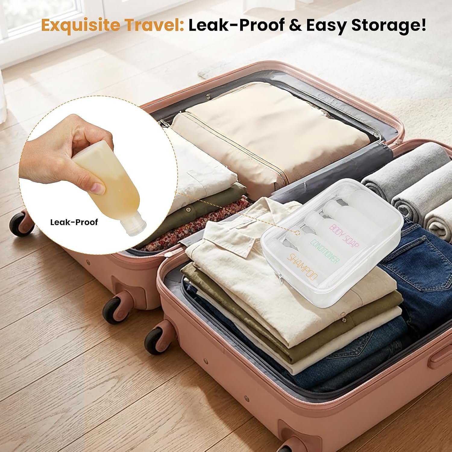 Cosywell Travel Bottles for Toiletries 5 Pack 3.4oz Travel Size Containers | Pre-Printed Shampoo, Conditioner, Body Soap, Soft Touch HDPE ,TSA Approved, Leak Proof, Squeezable Toiletry Bottle(White) - Image 6
