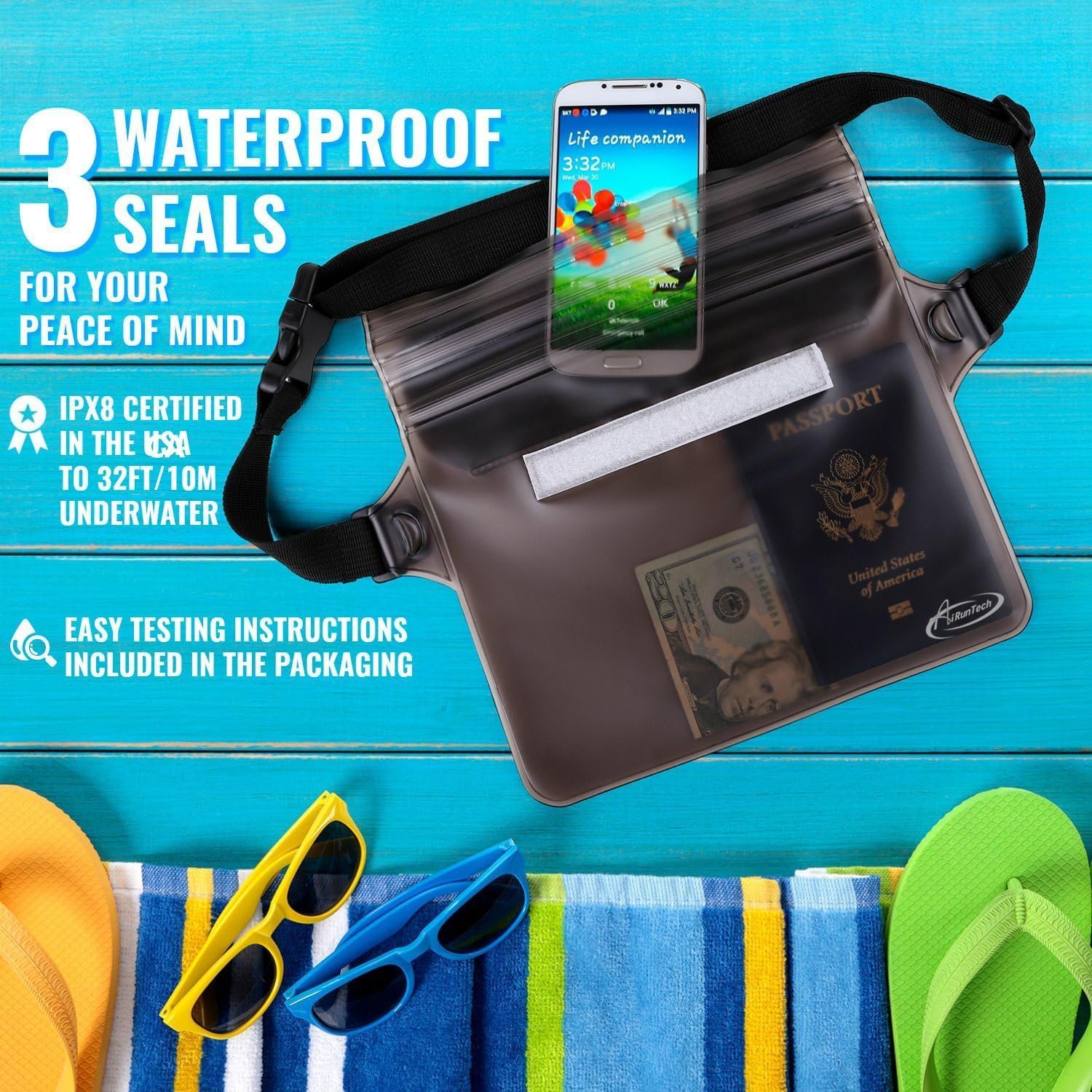 AiRunTech Waterproof Fanny Pack,Phone Pouch Dry Bag for Passport Wallet Purse,Floating Waterproof Bags for Travel Beach Swimming Kayaking Boating Cruise Accessories - Image 4