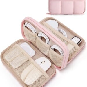 BAGSMART Electronics Organizer Travel Case for Cords Chargers Phones, Pink | Puffy Padded, Travel Essentials, Cord organizer bag for Cables, Compact Tech Accessories Pouch