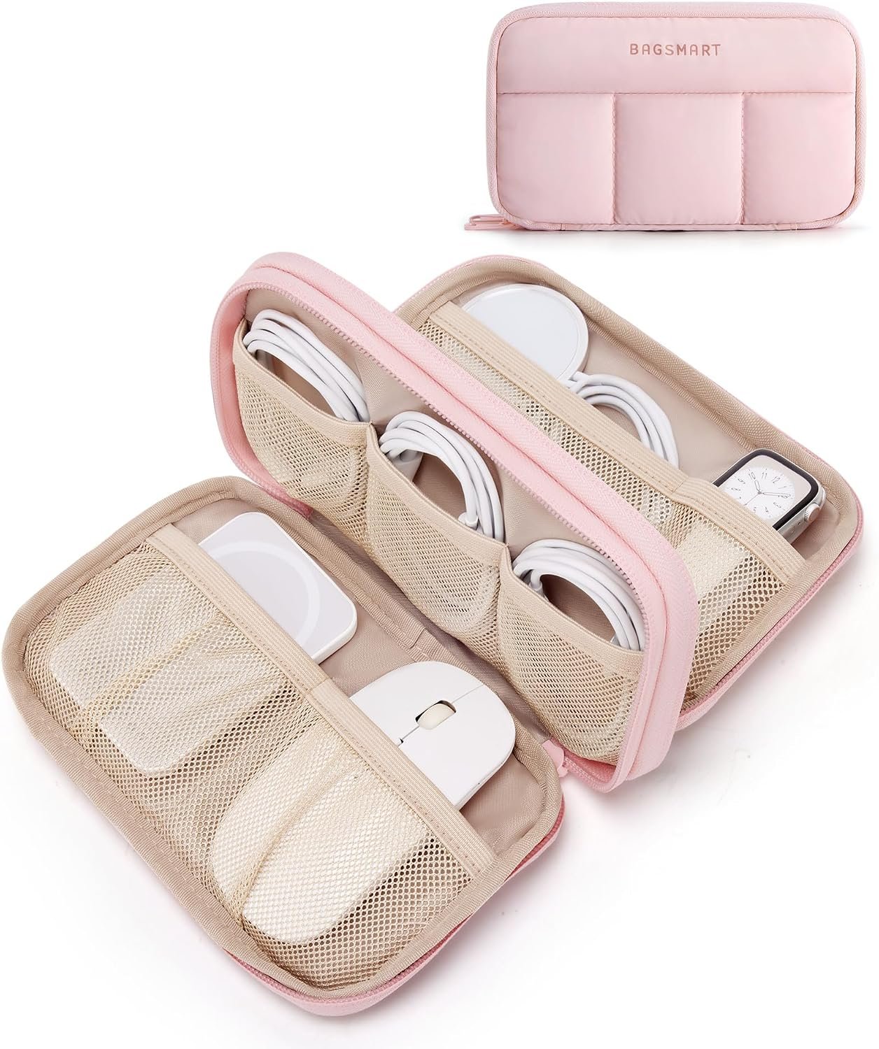 BAGSMART Electronics Organizer Travel Case for Cords Chargers Phones, Pink | Puffy Padded, Travel Essentials, Cord organizer bag for Cables, Compact Tech Accessories Pouch