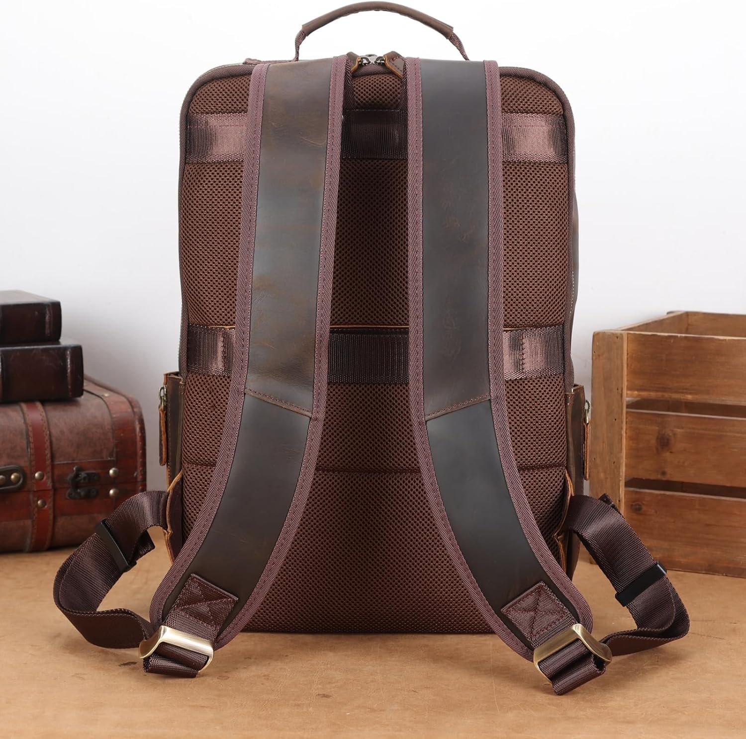 Masa Kawa Brown Leather Laptop Backpack for Men 16 Inch Compute Work Bag | Vintage Cowhide Overnight Camping Weekender Travel Large College Daypack with Water Bottle Holder - Image 7
