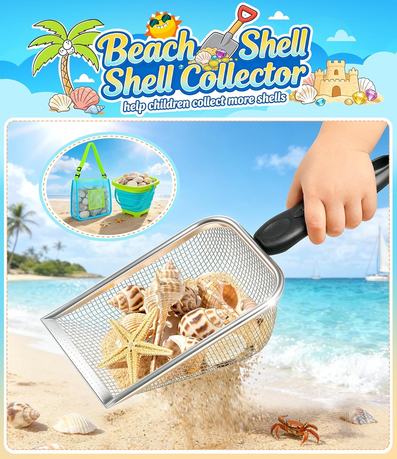 Beach Toys for Kids 24 Pcs Metal Sand Sifter Collapsible Beach Buckets Set | Stainless Steel Sand Shovel, Sandcastle Building Kit with Mesh Bag, Travel Sand Toys for Toddlers Age 3-10 - Image 2