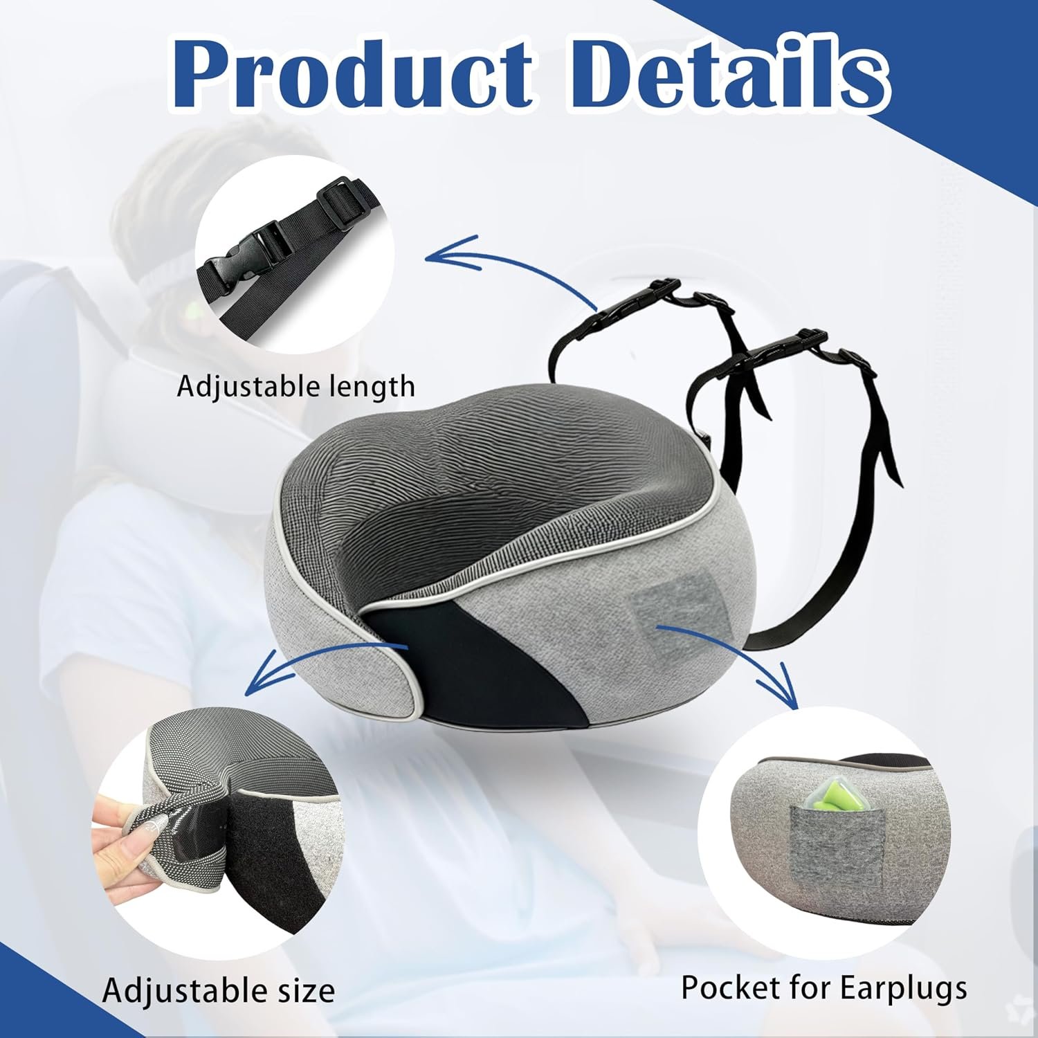 Travel Pillow for Long Flight Airplanes, Adjustable Memory Foam Neck Support Headrest w Head Strap & Eye Mask for Sleep, 360°Support Prevent Head Bobbing, w Earplug Pocket&Earplugs, Carry Bag - Image 3