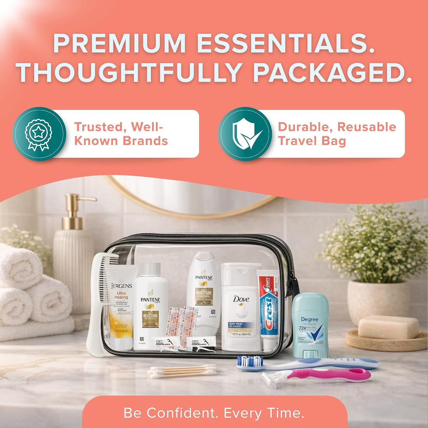 15-Piece Women’s Travel Toiletry Kit – With Premium Brand-Name Toiletries | TSA Approved Travel Essentials with Shampoo, Conditioner, Body Wash, Deodorant & Oral Care in Clear Bag - Image 3