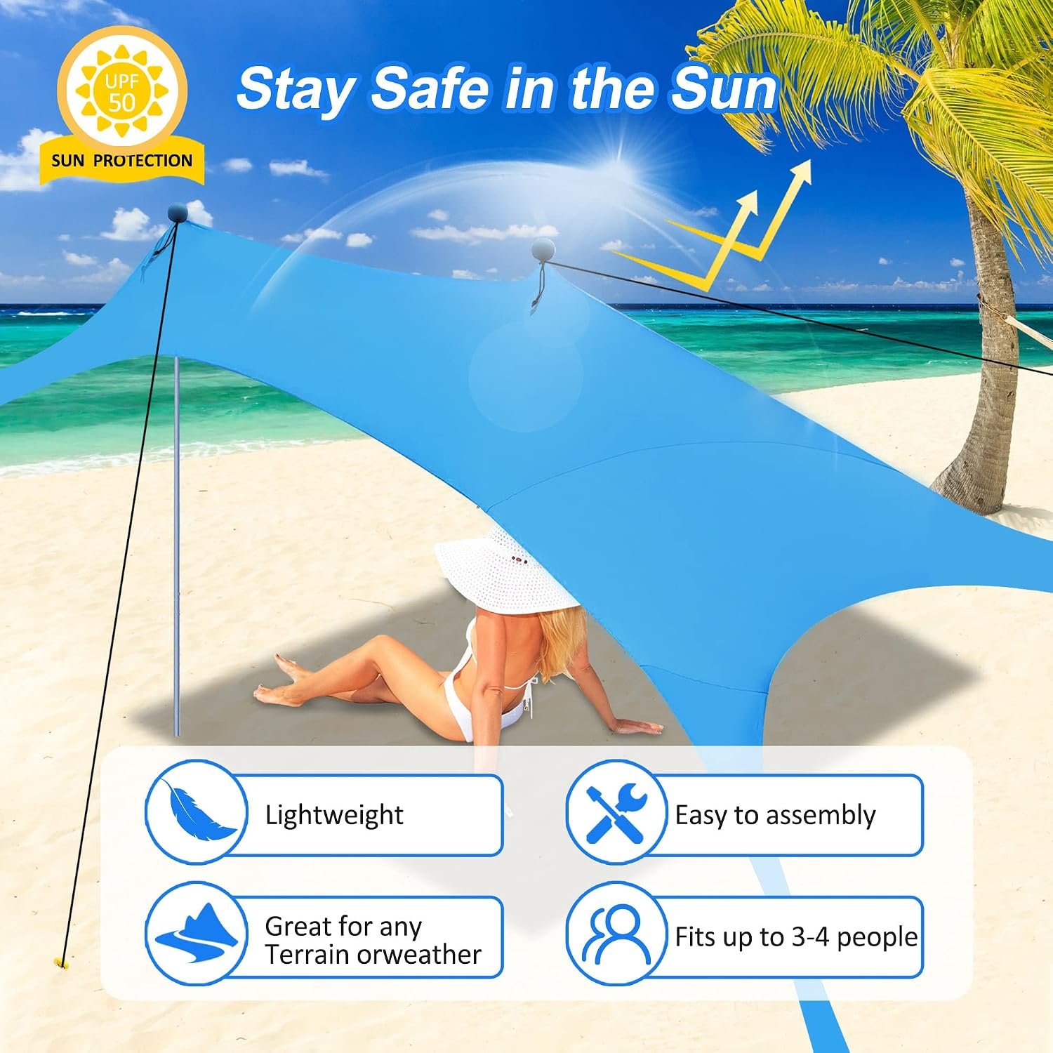 Beach Canopy Tent Sun Shade with UPF 50+ UV Protection, Beach Tent Sun Shelter with Sandbags, Poles and Ground Pegs and Anti-Wind Ropes for Outdoor, Camping, Backyard and Picnics - Image 2