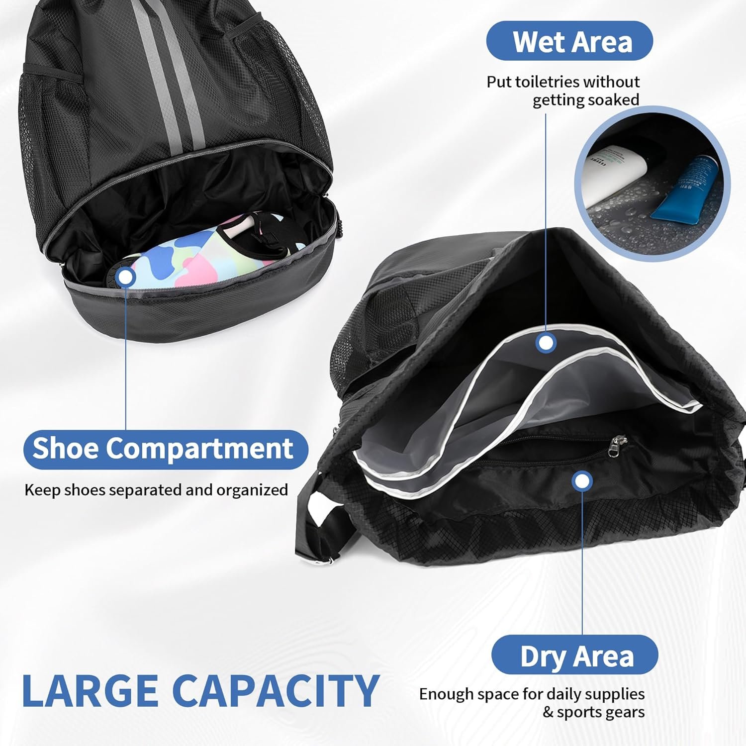 JELUTAR Drawstring Backpack Gym Bag with Shoes Compartment, Black | Water-Resistant String Backpack for Soccer, Basketball, Swim, Beach Cinch for Women Men, 22 L Large Capacity, Wet Pocket - Image 3