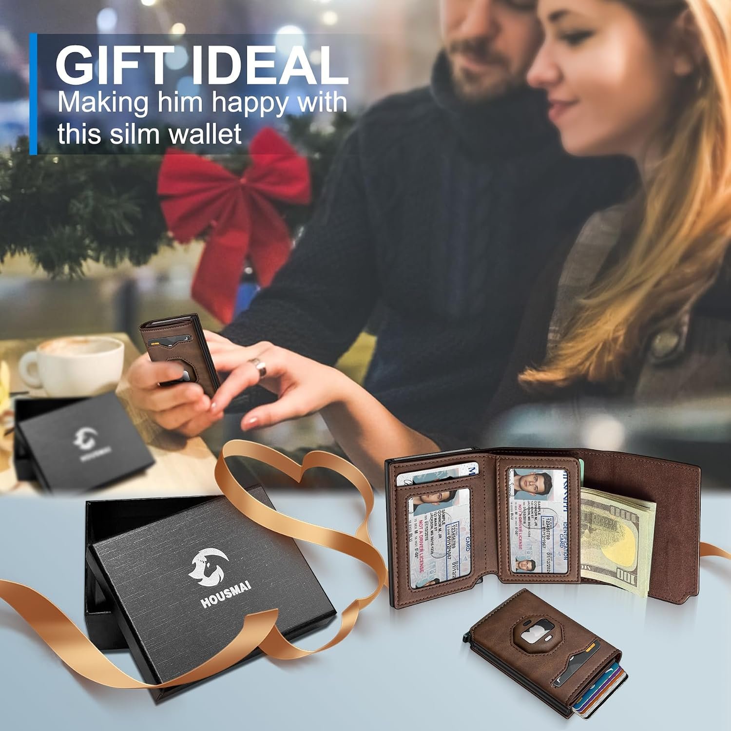 Airtag Wallet for Men,with Cash Pocket 2 ID Window 10+ Cards,Metal Case Smart Slim Pop Up Credit Card Holder Flip with Magnetic Closure RFID Blocking Trifold Leather wallet with Gift Box - Image 9