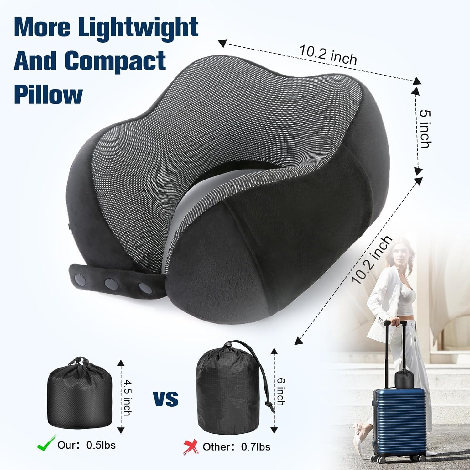 Cirorld Neck Pillow for Traveling, Travel Pillows for Airplanes Black | 100% Memory Foam Travel Neck Pillow, Adjustable Flight Pillow, Portable Plane Accessories with Eye Mask, Earplugs, Carry Bag - Image 3
