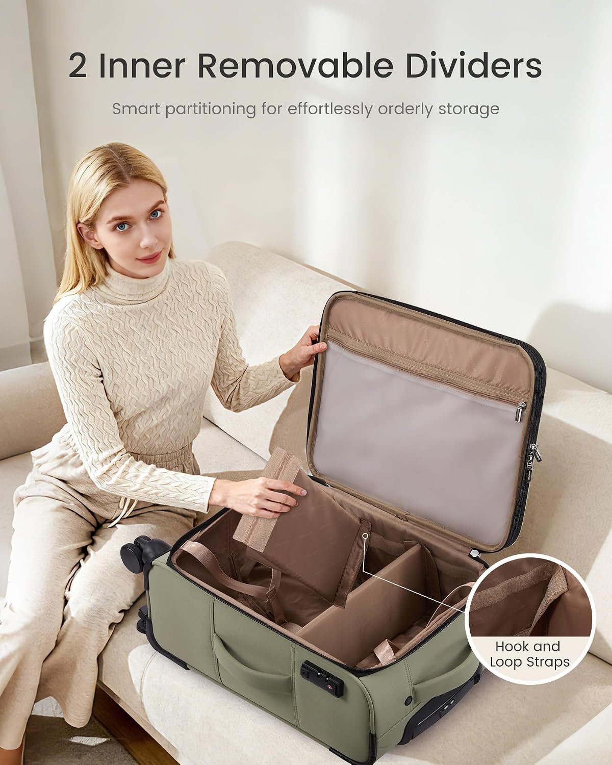 LOVEVOOK Carry On Luggage 22x14x9 Airline Approved 22inch Softside Suitcase | Rolling Suitcase with Spinner Wheels TSA Lock Laptop Compartment for Women Men, Luggage for Travel Business Trip Plane, Green - Image 5