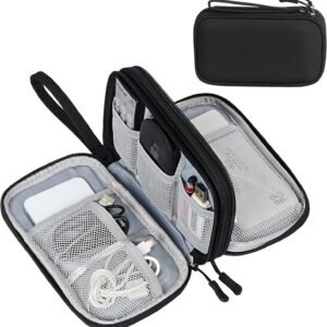 FYY Electronic Organizer, Travel Tech Pouch Bag, Medium, Black | Wrist Strap, Waterproof, Double Layers Portable Electronics Travel Carrying Case for Cord, Charger, Daily Business Trips Use