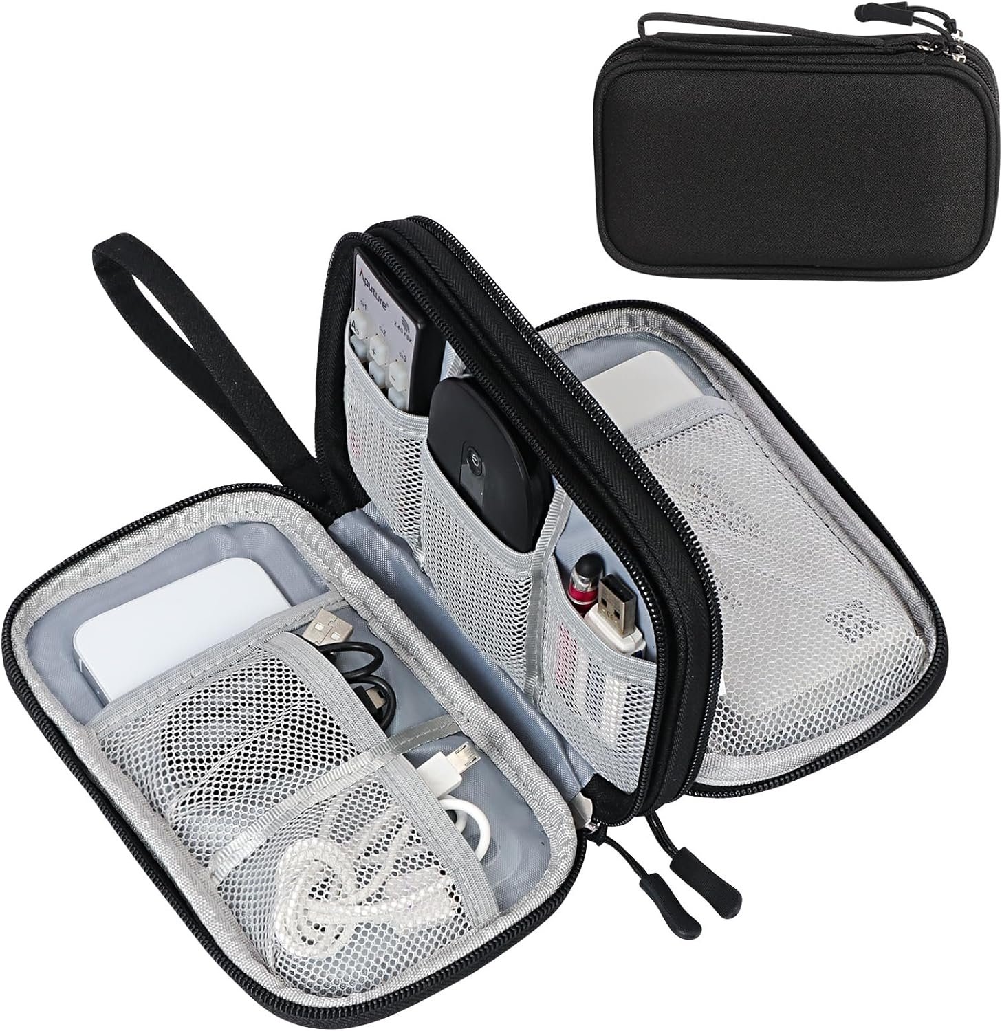 FYY Electronic Organizer, Travel Tech Pouch Bag, Medium, Black | Wrist Strap, Waterproof, Double Layers Portable Electronics Travel Carrying Case for Cord, Charger, Daily Business Trips Use