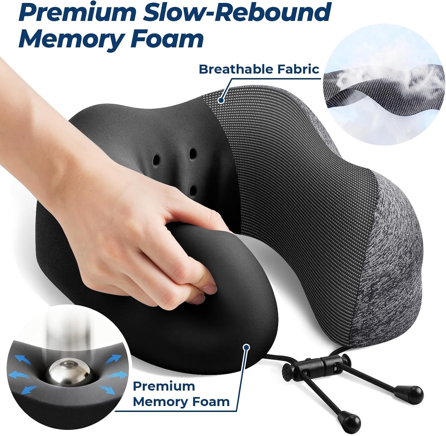 ExploreBliss Travel Pillow, Memory Foam Neck Pillow Airplane, Grey | Travel Pillows for Airplanes, Neck Pillow Airplane, Memory Foam Neck Pillow Set with Eye Mask, Earplugs - Image 3