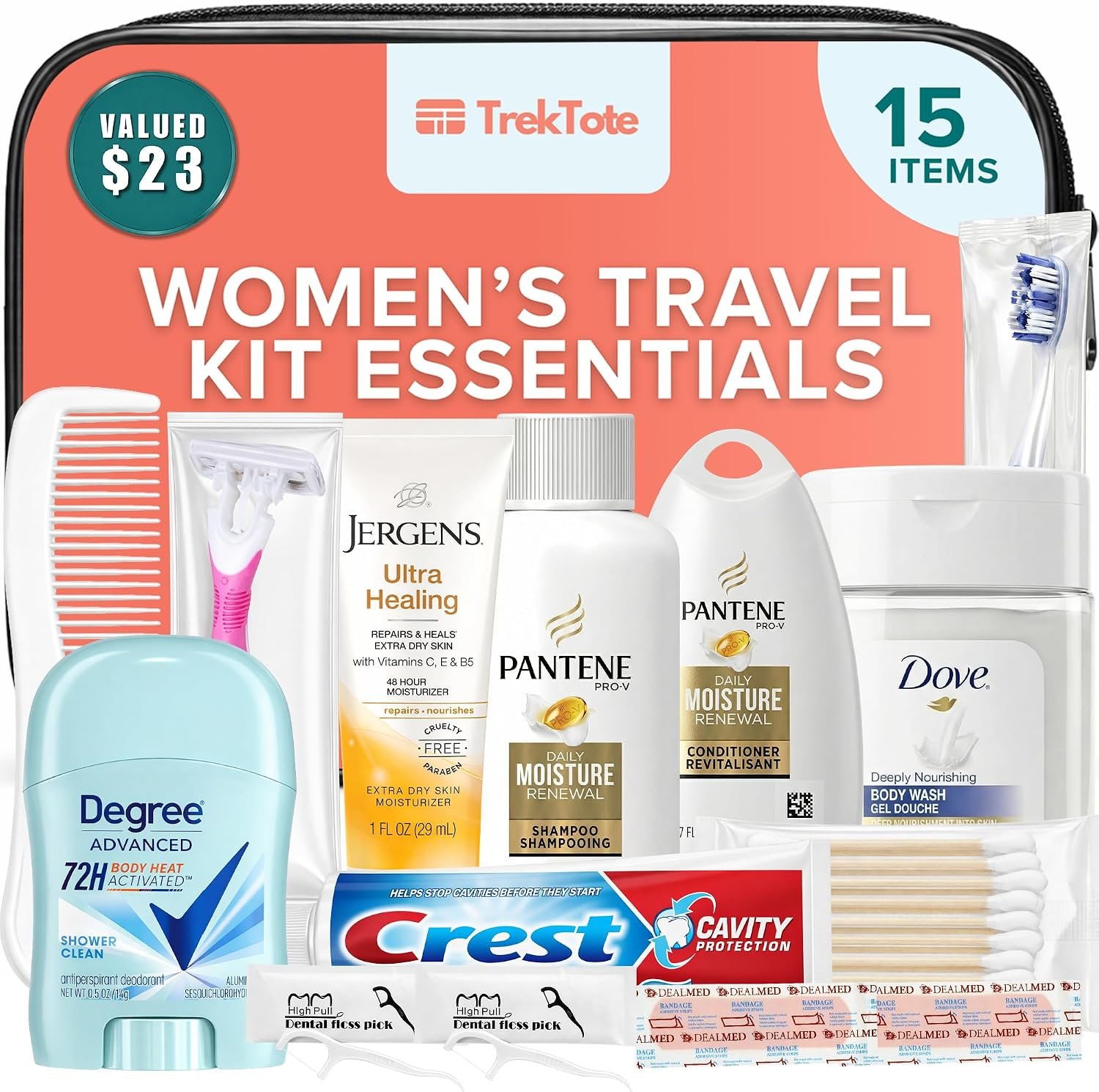 15-Piece Women’s Travel Toiletry Kit – With Premium Brand-Name Toiletries | TSA Approved Travel Essentials with Shampoo, Conditioner, Body Wash, Deodorant & Oral Care in Clear Bag