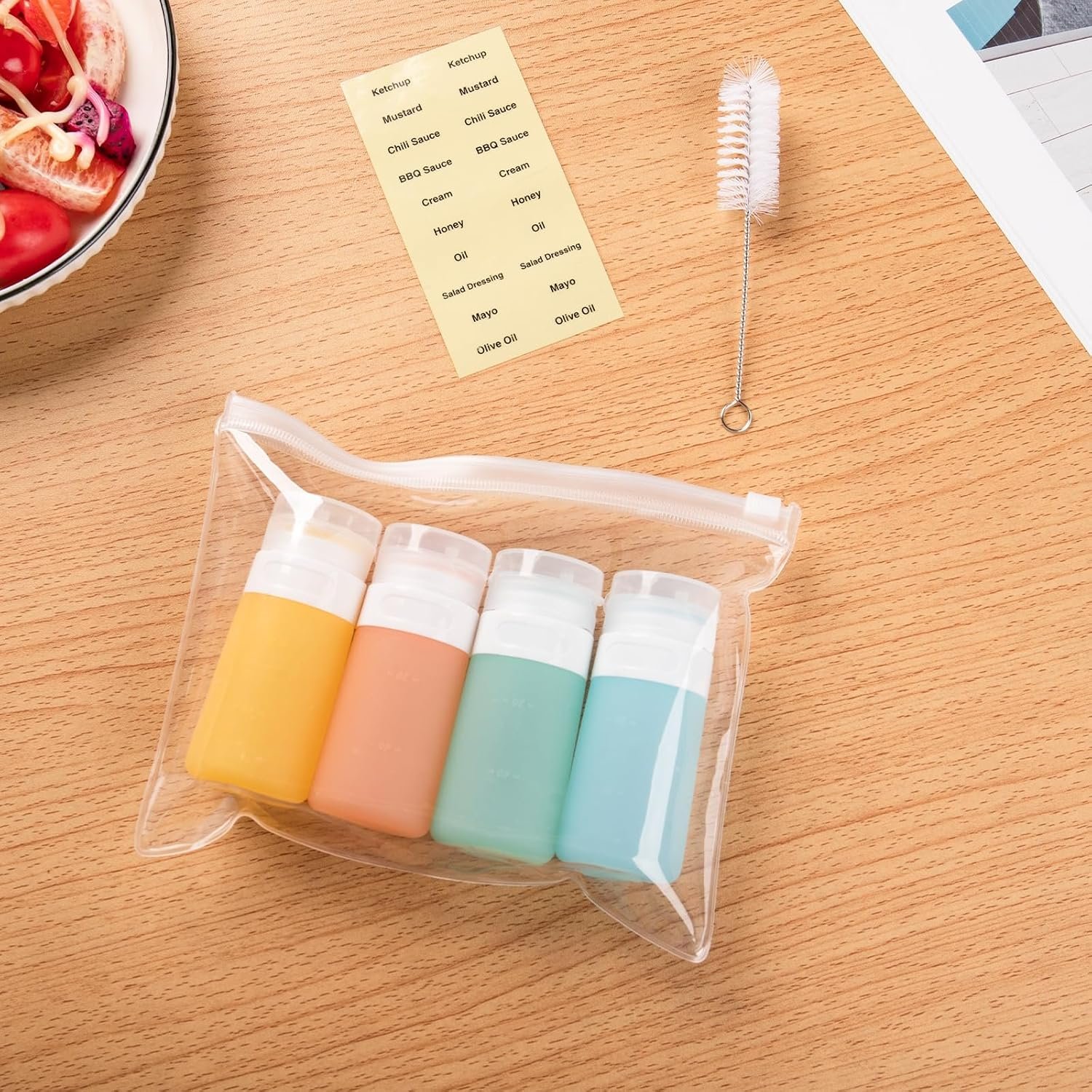 MICEBAY 2 oz Condiment Squeeze Bottles, Leakproof Salad Dressing Container | 4 Pack Silicone Salad Dressing Container to Go with Snack Storage Bag, Sauce Bottles for Lunch Box, Ketchup, Syrup, Candies - Image 9