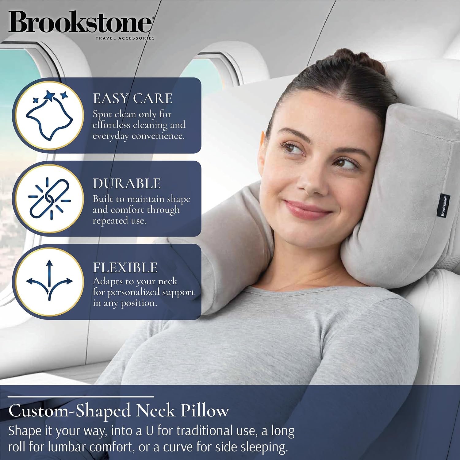Brookstone Free Form Travel Pillow - Lightweight Flexible Memory Foam Travel Neck Pillow for Sleeping, Car, Airplane & Travel Support, Grey | Adjustable Internal Spine Shapes Into a U, Roll or Curve for Neck, Back or Side-Sleeper Support, Foldable for Any Trip - Image 3