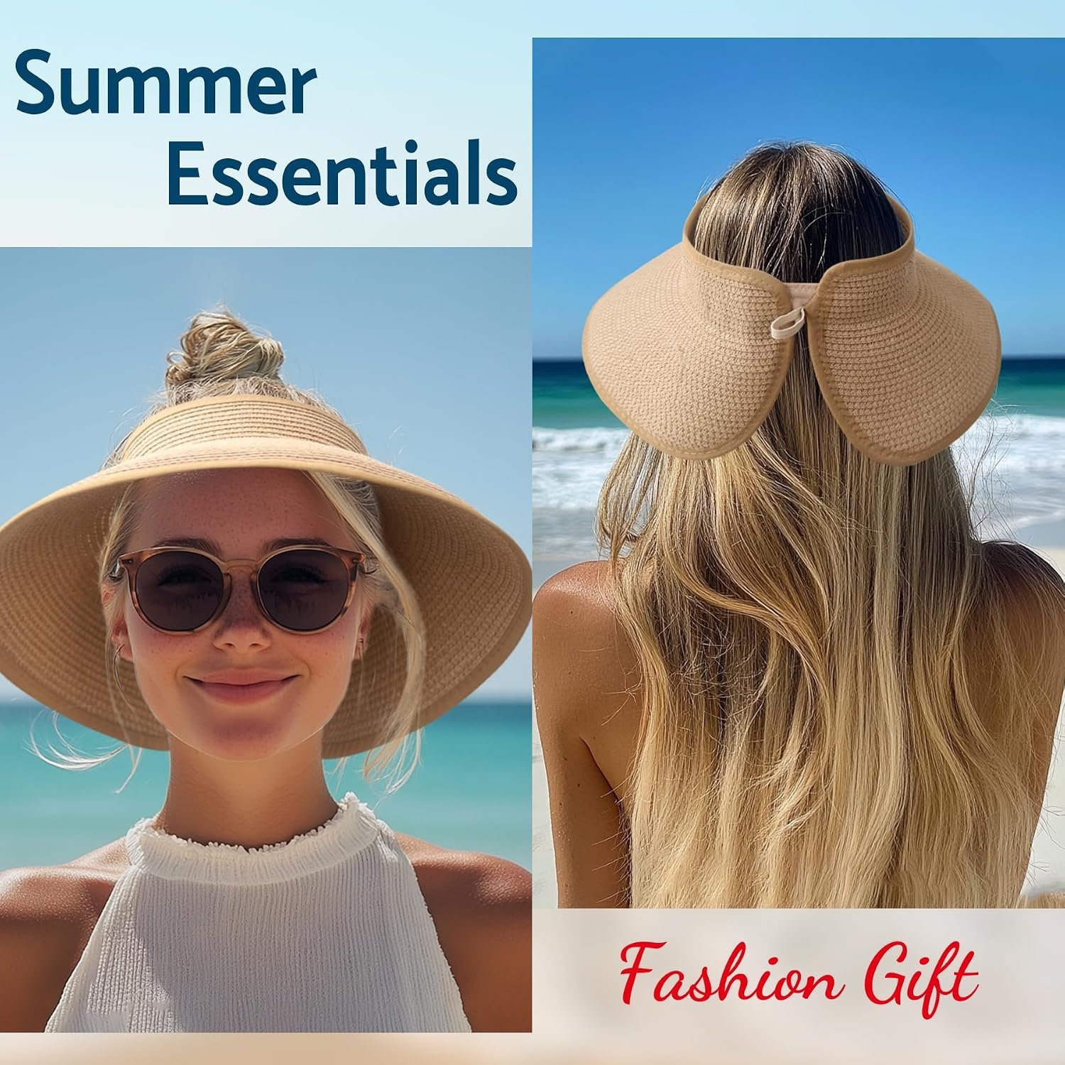 NPJY Sun Hats for Women Wide Brim Roll-Up Ponytail Packable Straw Visor | Wide Brim Hat with Open-Top Design, Packable & Foldable for Travel Beach Garden Gift - Image 7