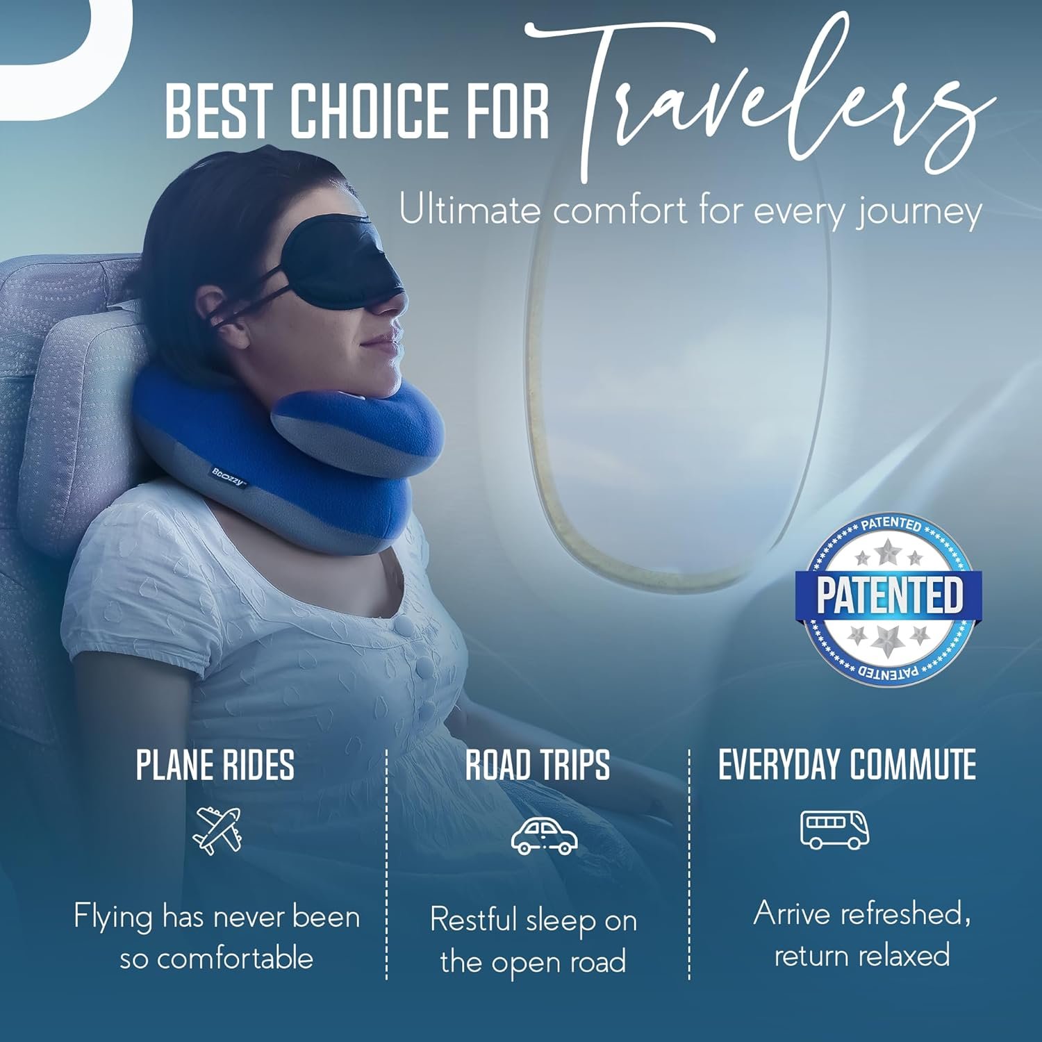 BCOZZY Travel Neck Pillow for Airplane – Patented Double Support for Head, Neck, and Chin. Best for Long Flights, Plane Sleeping, and Car Rides. Adjustable Size. Fully Washable. Carry Bag. Large, Navy - Image 6