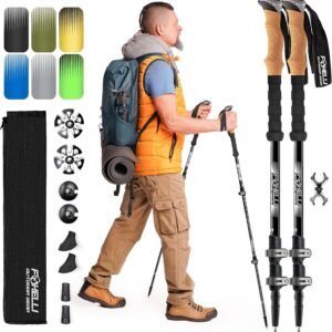 Foxelli Trekking Poles – Lightweight Collapsible Aircraft Grade Aluminum Hiking Poles with Cork Grips Quick Locks & All-Terrain Accessories – Pair of 2