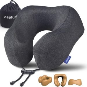 napfun Neck Pillow for Travel, Memory Foam Airplane Pillow, Full Black | 360° Neck Support, Upgraded 100% Memory Foam for Airplane, Car, Train, Bus, Office Sleep, Travel Essentials for Long Flights