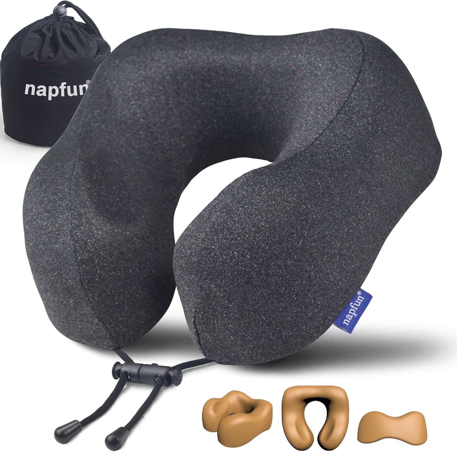 napfun Neck Pillow for Travel, Memory Foam Airplane Pillow, Full Black | 360° Neck Support, Upgraded 100% Memory Foam for Airplane, Car, Train, Bus, Office Sleep, Travel Essentials for Long Flights
