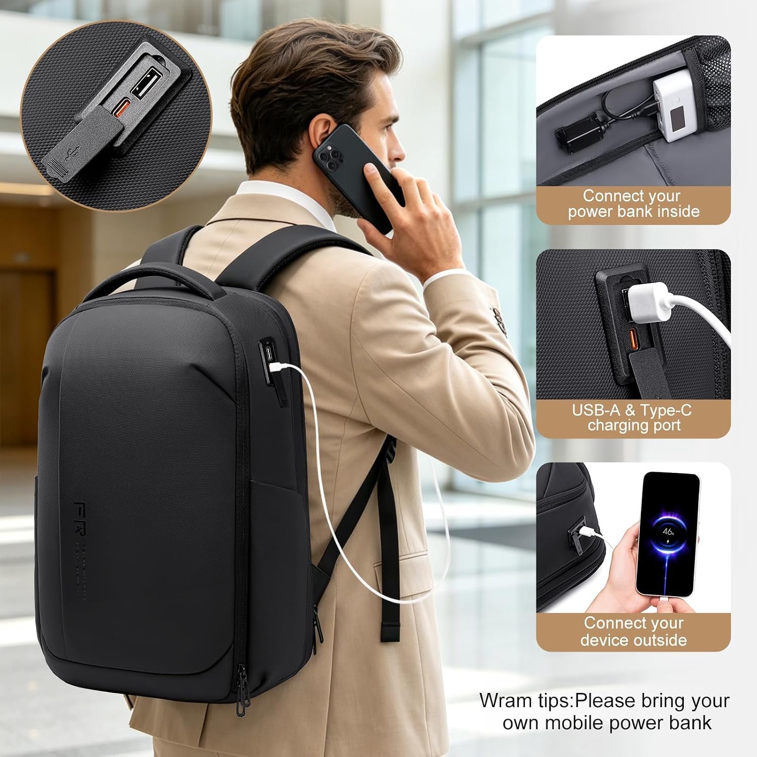 FENRUIEN Expandable Laptop Backpack 15.6 Inch for Men Business Travel | Commute & Office Ready, Water-Resistant, Laptop Compartment, TSA-friendly, USB Charging Port, Black - Image 6