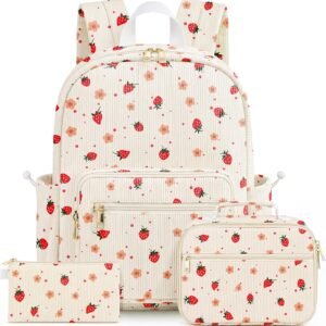 Corduroy Girls Backpack Set,Cute School Backpack for Teens Girls Kids Bookbags for Elementary High School Women Laptop Bags Daypacks Set With Lunch Bag and Pencil Case (Beige Strawberry, 3 Set)