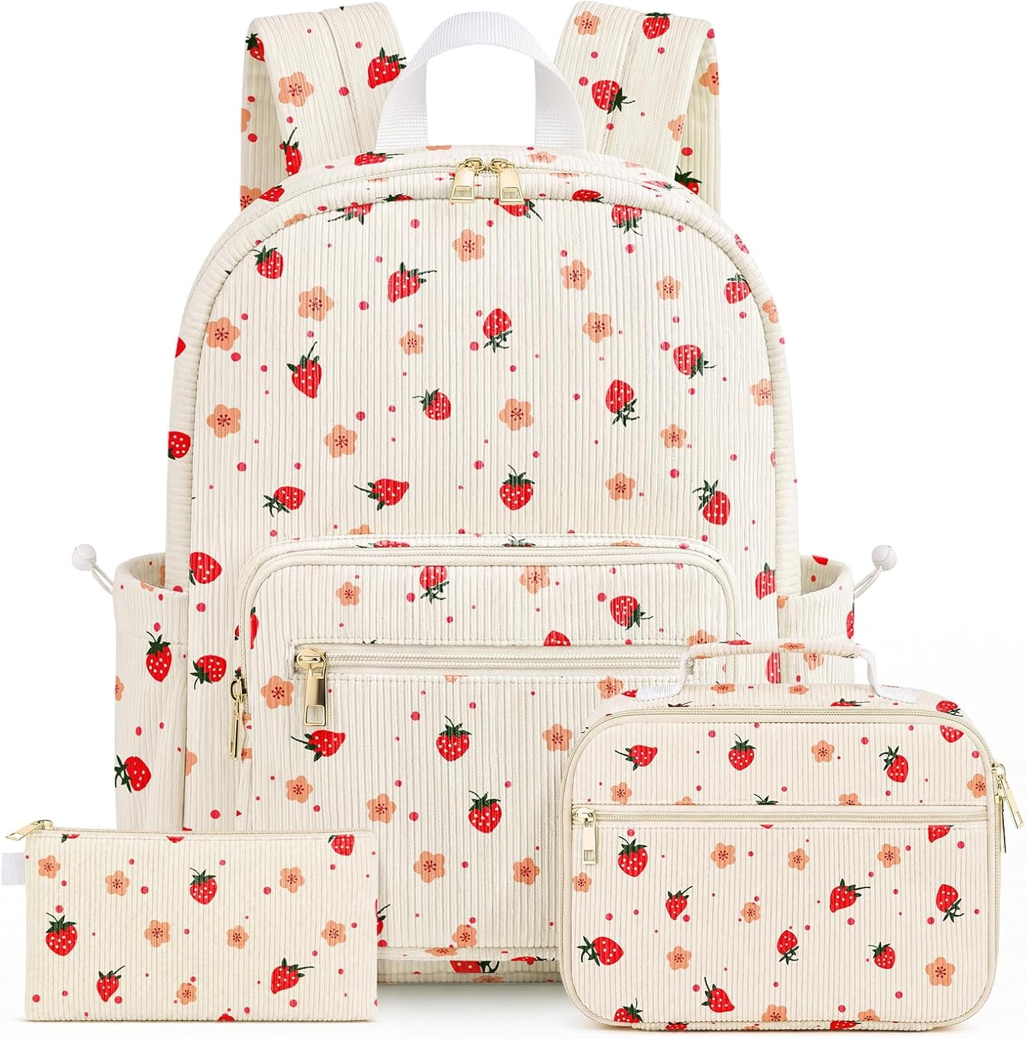 Corduroy Girls Backpack Set，Cute School Backpack for Teens Girls Kids Bookbags for Elementary High School Women Laptop Bags Daypacks Set With Lunch Bag and Pencil Case (Beige Strawberry, 3 Set)
