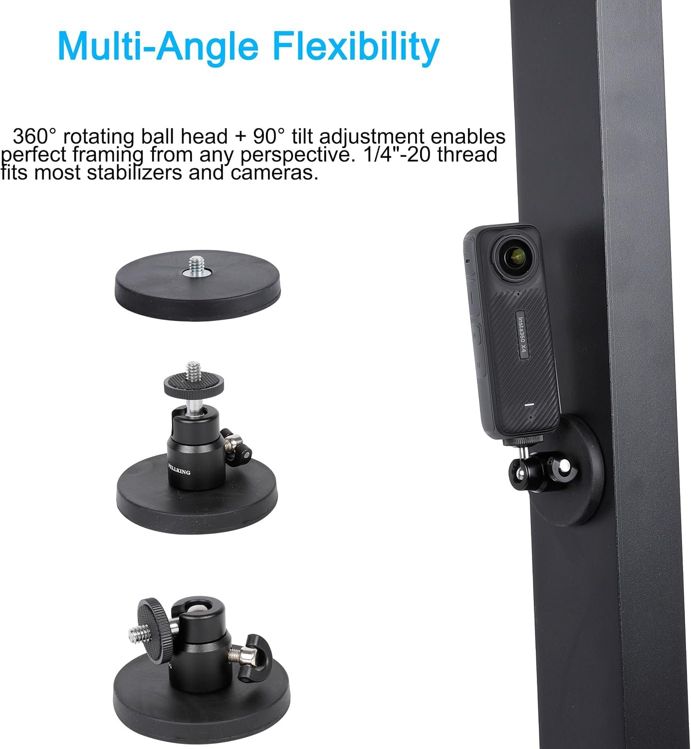 PellKing Magnetic Camera Mount for Insta360 X5 X4 X3-360° Adjustable Ball Head -Compatible with All Action Cameras on Cars, Boats, Metal Surfaces - Image 4