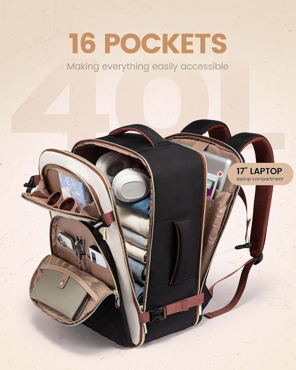 LOVEVOOK Travel Backpack Carry on Flight Approved 40L,Waterproof TSA Travel Essentials Personal Item Backpack for Women Men,Large Carry on Luggage Suitcase Travel Bag for Airplane with 3 Packing Cubes - Image 3