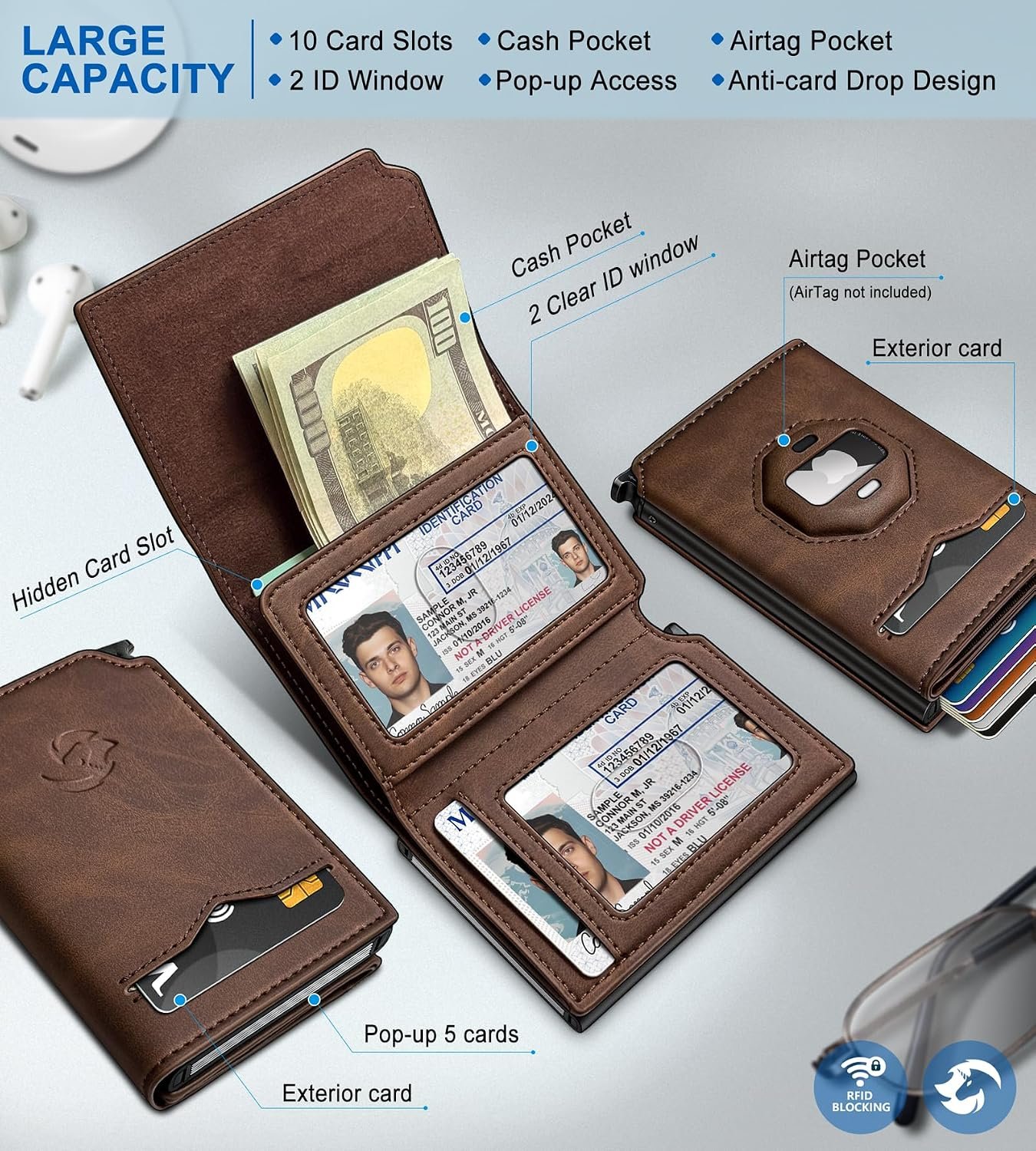 Airtag Wallet for Men,with Cash Pocket 2 ID Window 10+ Cards,Metal Case Smart Slim Pop Up Credit Card Holder Flip with Magnetic Closure RFID Blocking Trifold Leather wallet with Gift Box - Image 2