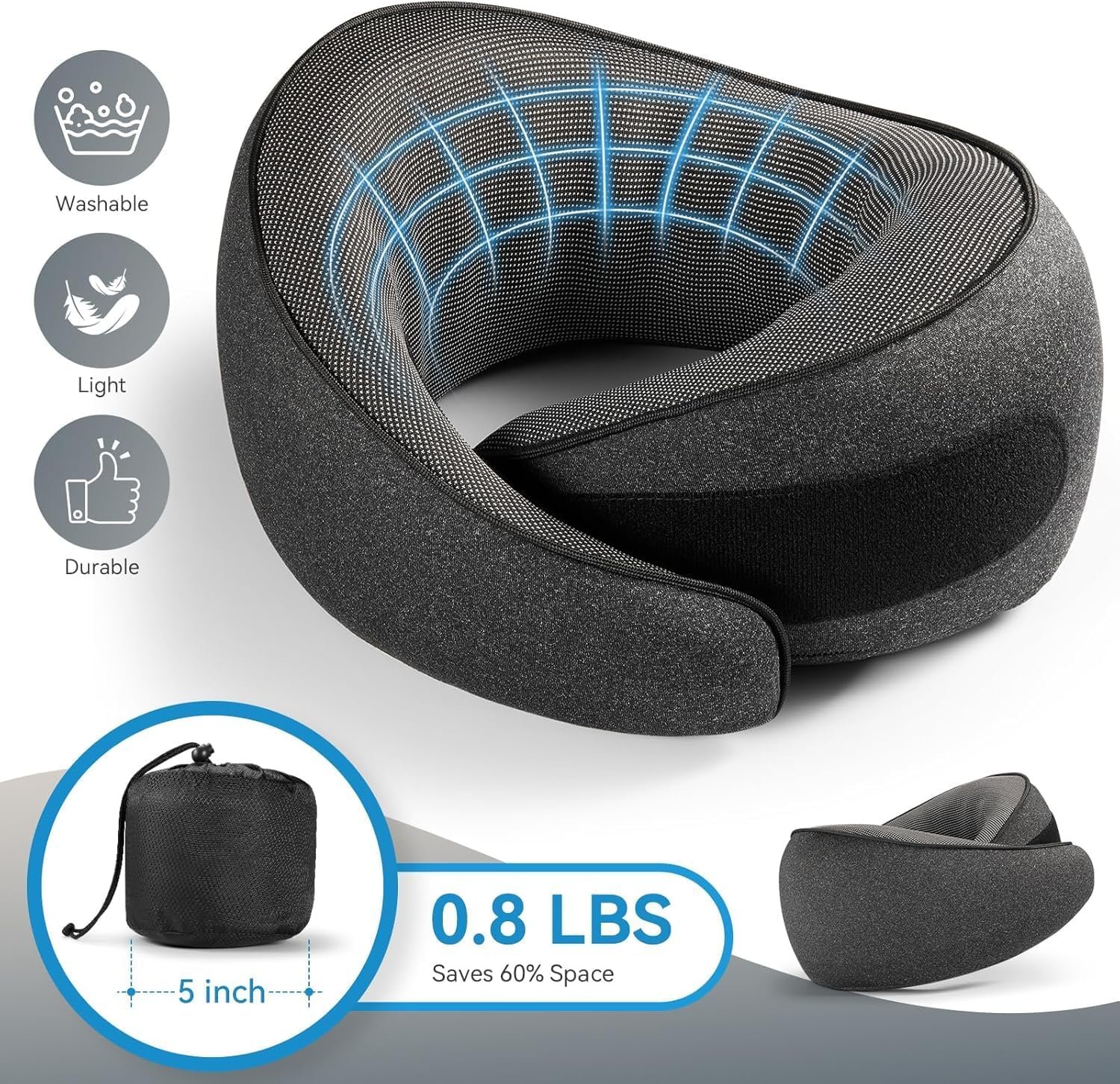 SZXYX Travel Pillows - 100% Pure Memory Foam Neck Pillow for Airplanes, Comfortable Breathable Cover, 360° Support Stowable Pillows for Sleeping, Car, Airport Travel Essentials, Pigeon Grey - Image 3