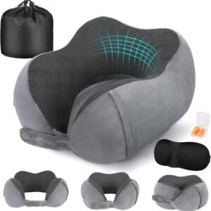Cirorld Neck Pillow for Traveling, Travel Pillows for Airplanes Grey | 100% Memory Foam Travel Neck Pillow, Adjustable Flight Pillow, Portable Plane Accessories with Eye Mask, Earplugs, Carry Bag
